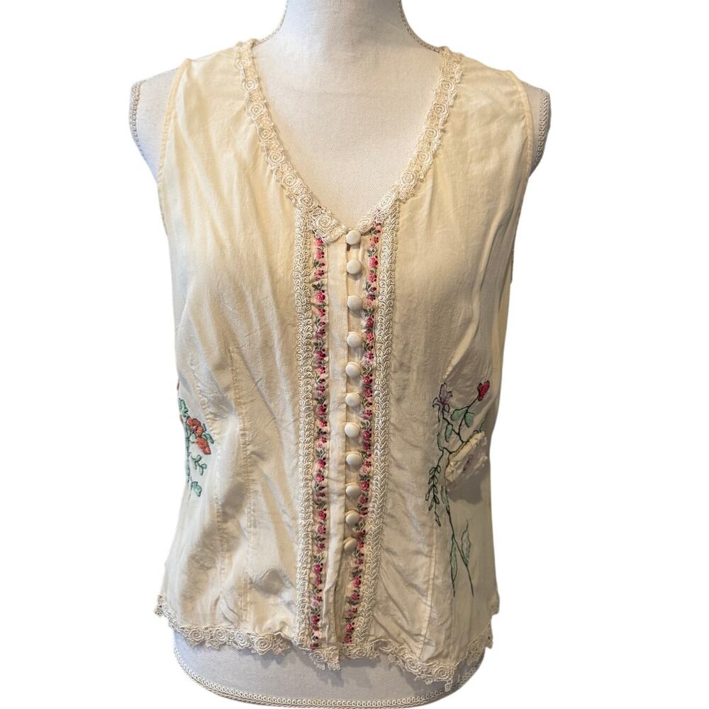 Vintage J. Jill Embroidered Silk Sleeveless Top Cream S